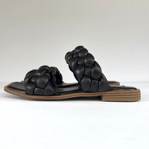 Steve Madden‎ Black Braided Open Toe Slides Flats Sandals Vegan Faux Leather - Picture 4 of 16